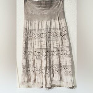 Noelle Tan and White Midi A-Line Skirt with Smocked Pleats